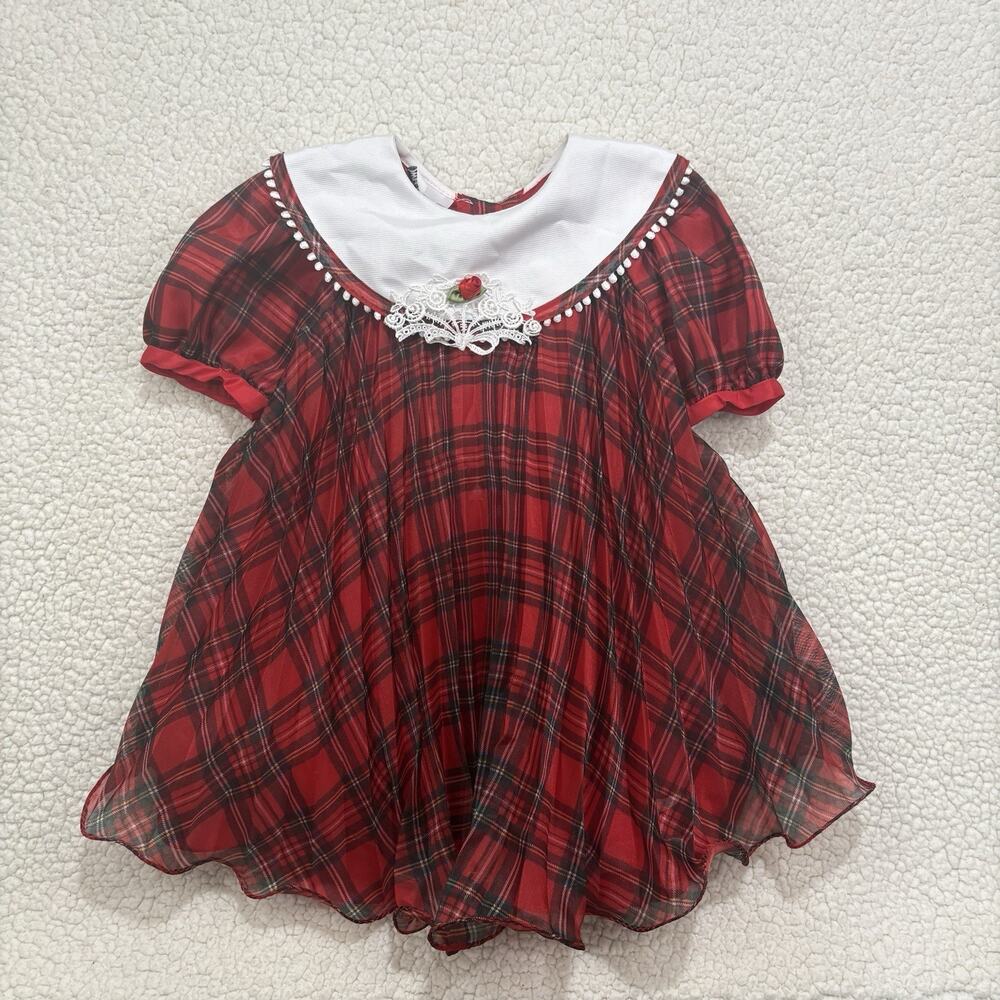 Vintage Sweet Blossoms Girls 4T Red Holiday Plaid Bishop Dress Puff Sleeve